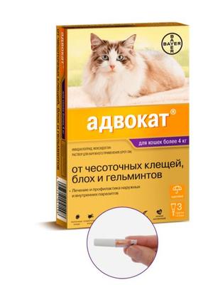 Bayer Адвокат антипаразитарный препарат для кошек 4-8кг 3пипетки*0,8мл Bayer Адвокат антипаразитарный препарат для кошек 4-8кг 3пипетки*0,8мл