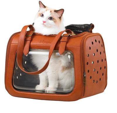 IBBI Складная сумка-переноска для собак и кошек до 6 кг прозрачная/коричневая кожа (фото)