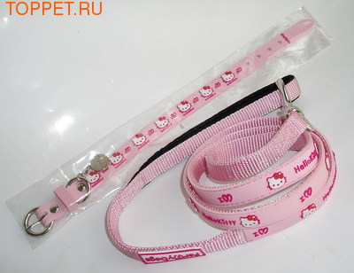 ForMyDogs  Ошейник с поводком Hello Kitty розовый, размер 1,3х22-26см, размер поводка 1,3смх1,2м