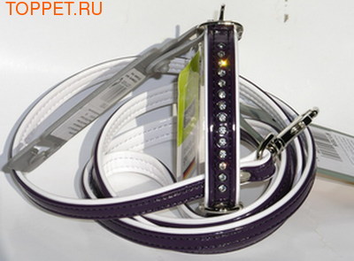 Hunter  Ошейник с поводком цвет фиолетовый/белый Modern Violet Luxus, стразы, размер ошейника 32/11(24х28,5см), размер поводка 8/110см, лакированный кожзам