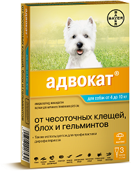 Bayer Адвокат 100 Антипаразитарные капли на холку для собак 4-10кг, 3пипетки*1мл